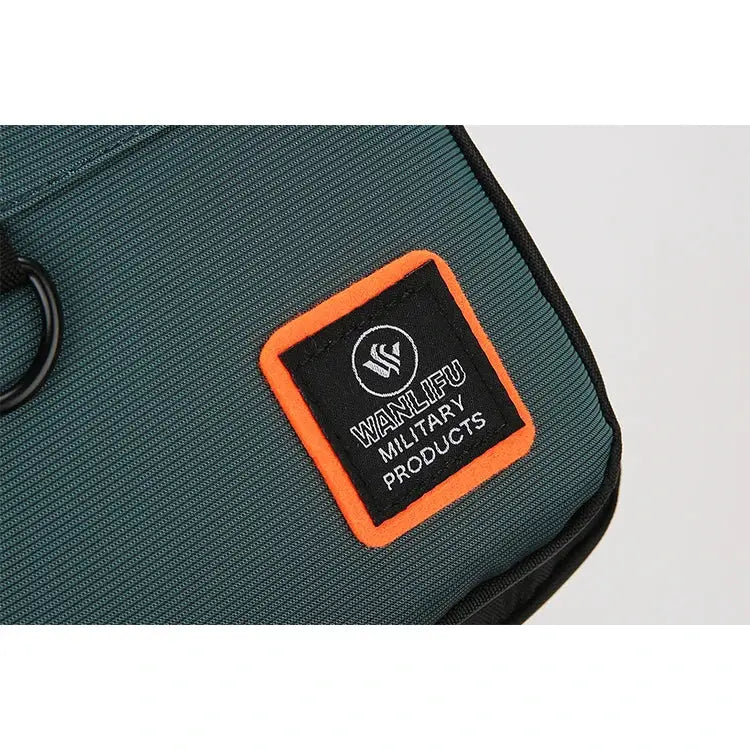Simples Market teal men's outdoor crossbody shoulder bag with orange-bordered WANLIFU Military Products patch.