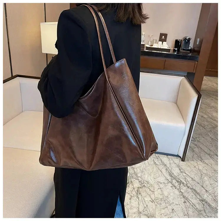 Women tote bag in brown PU leather with large capacity, Simples Market shoulder/bucket style tote