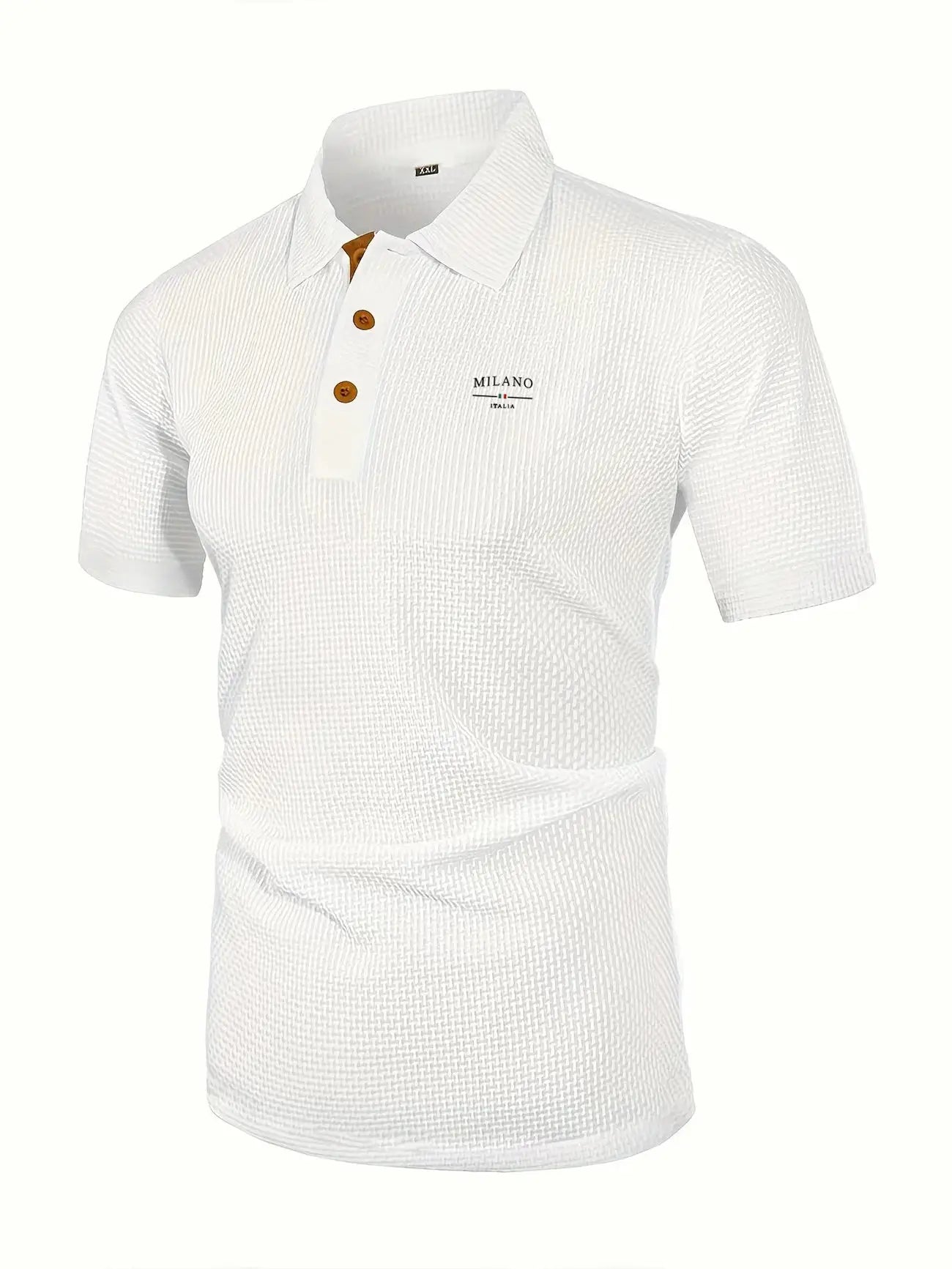 Men's short-sleeved polo shirt in white textured fabric with brown buttons and Milano Italia logo.