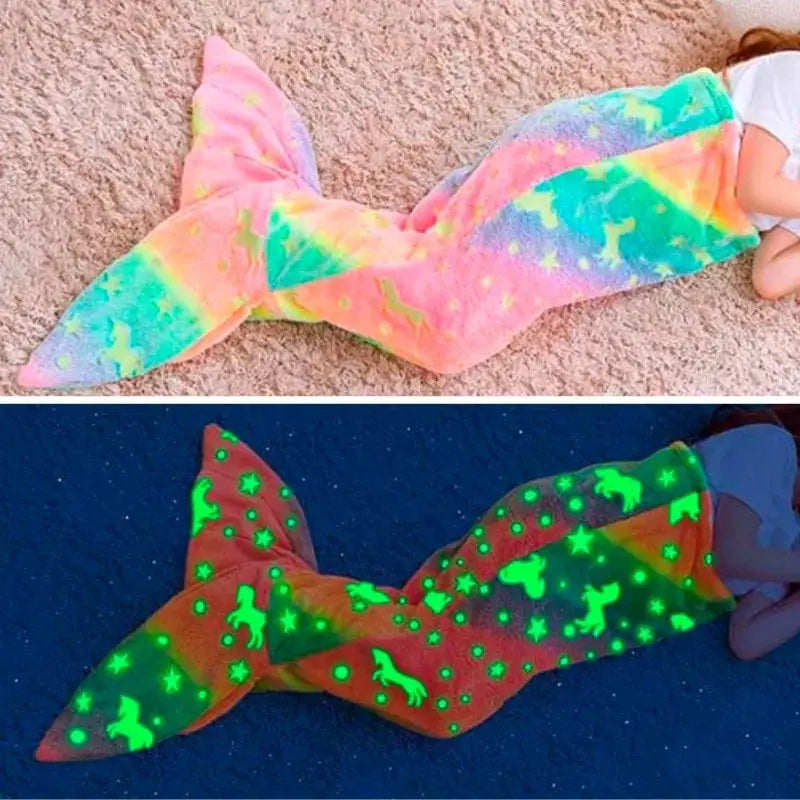 Night Glow Mermaid Tail Blanket For Kids Soft Flannel Fleece Wearable Companion Blanket All Seasons