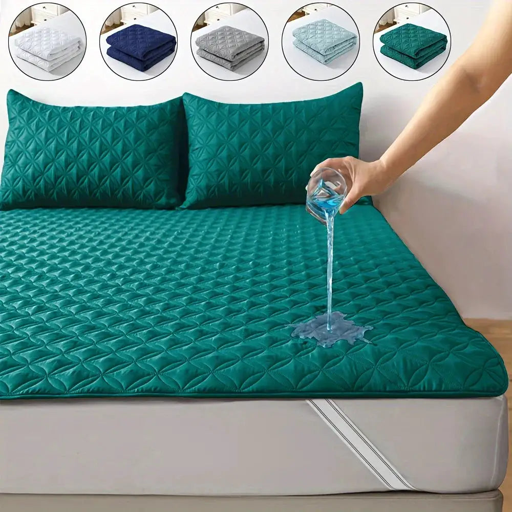 Simples Market waterproof mattress protector with elastic band in teal, quilted breathable bed pad.