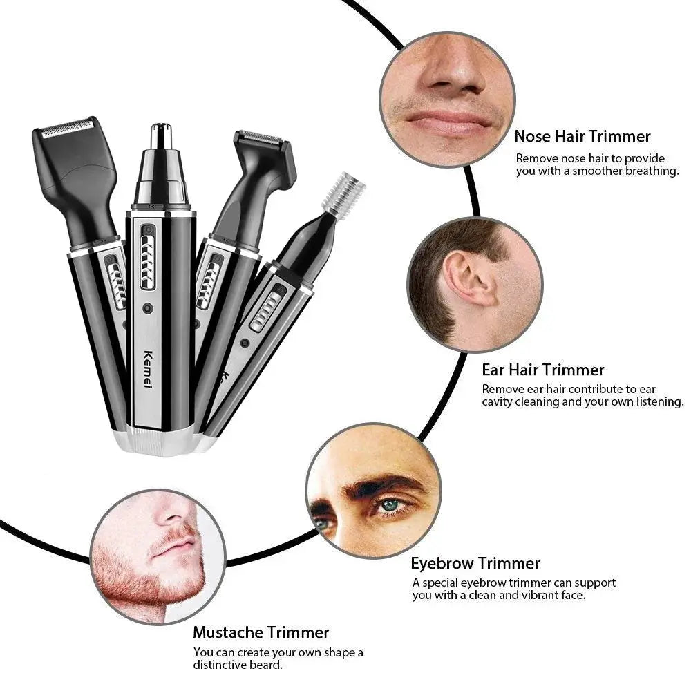 Kemei 4-in-1 men's grooming trimmer kit, black and silver with 5 attachments, rechargeable.