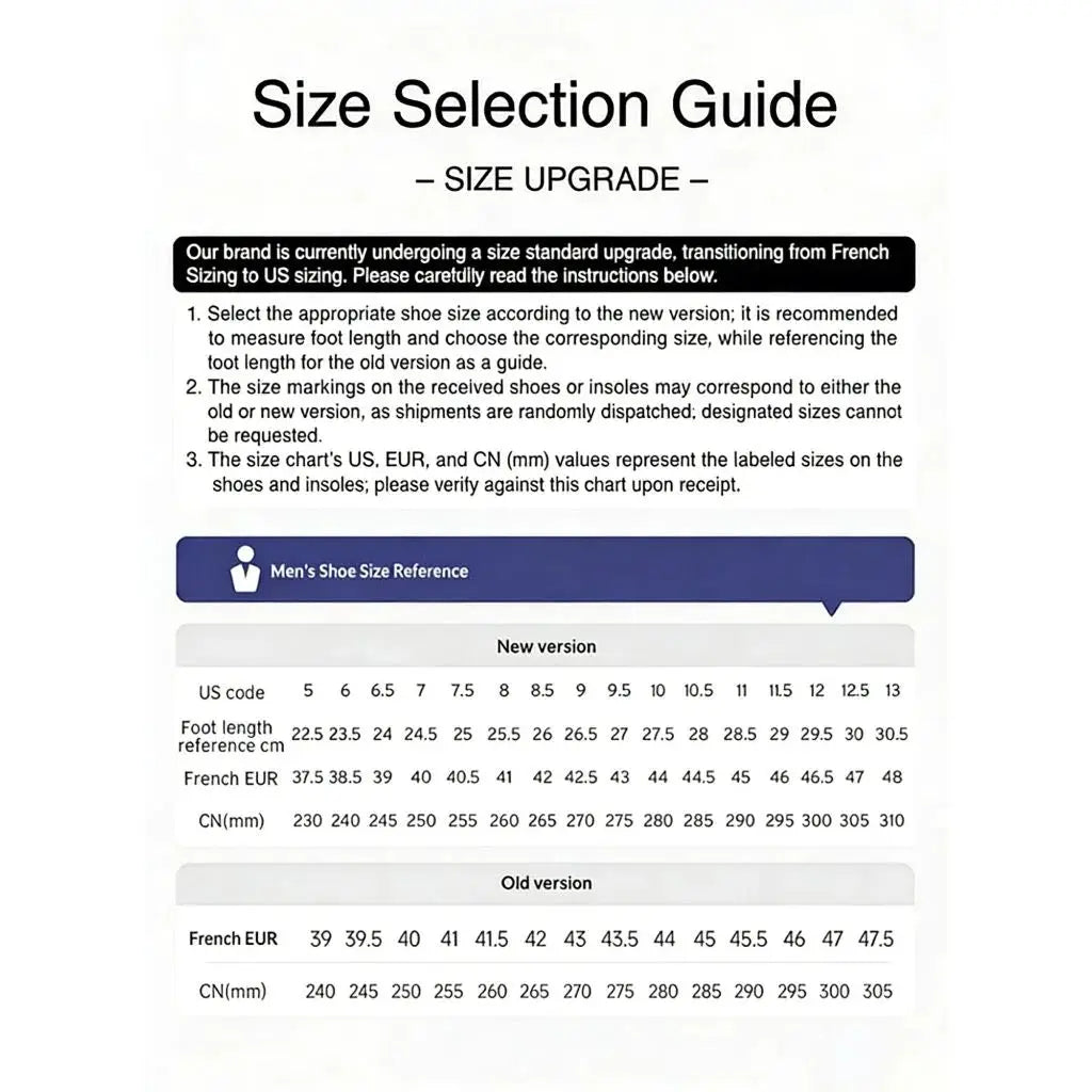 Size Selection Guide for men's shoes showing US size reference and new vs old version conversion chart.