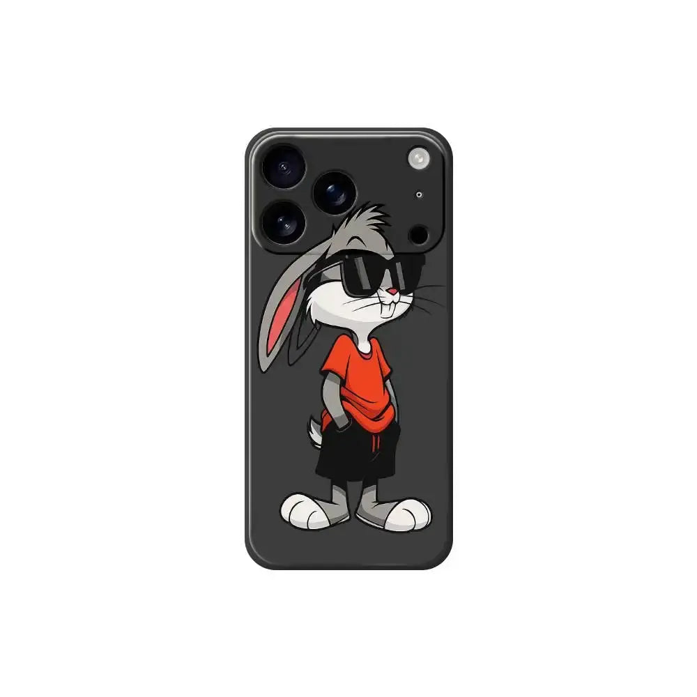 Cool Rabbit silicone phone case for iPhone, black cover with cartoon rabbit in a red shirt by Simples Market.