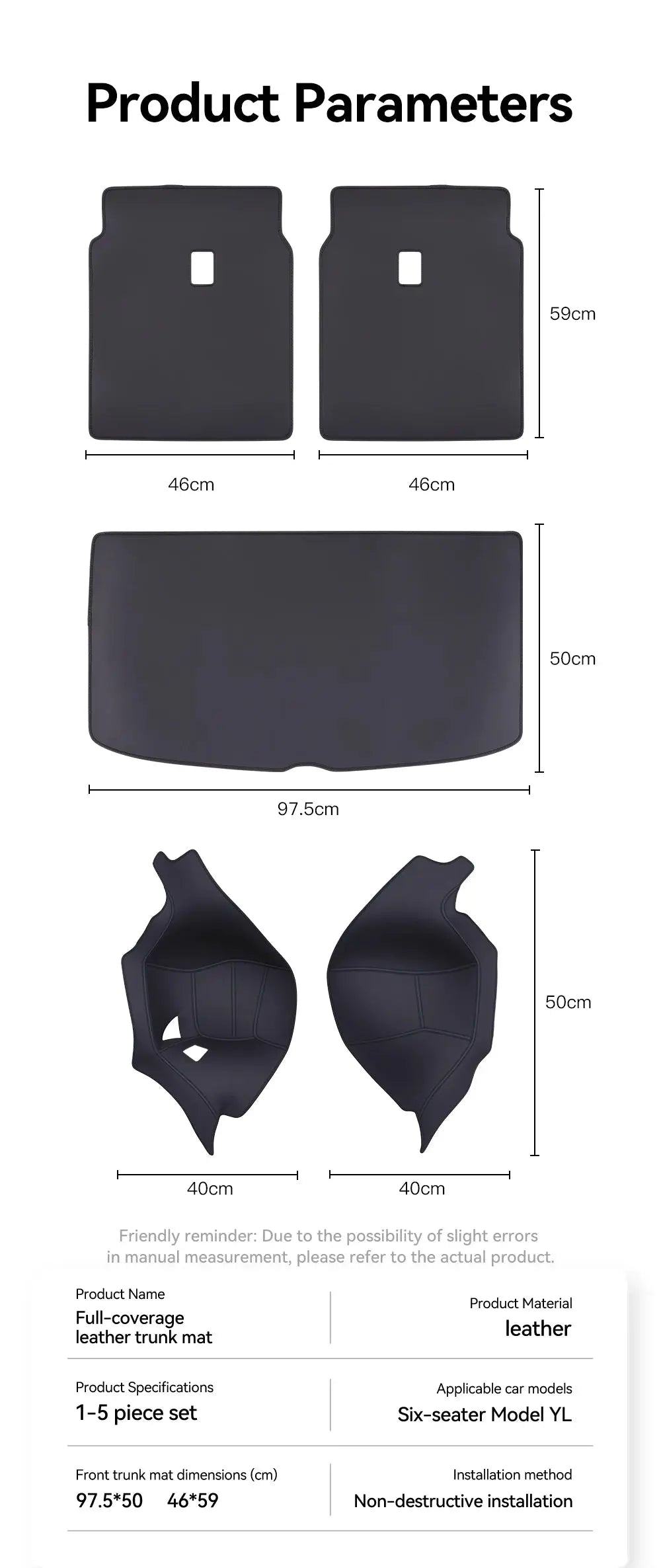 Simples Market full-coverage leather trunk mat set for Tesla Model YL Juniper; all-weather anti-scratch, 1–5 piece set.