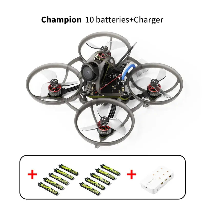 BETAFPV Air65 II brushless whoop quadcopter with gray prop guards; includes 10 batteries and charger.