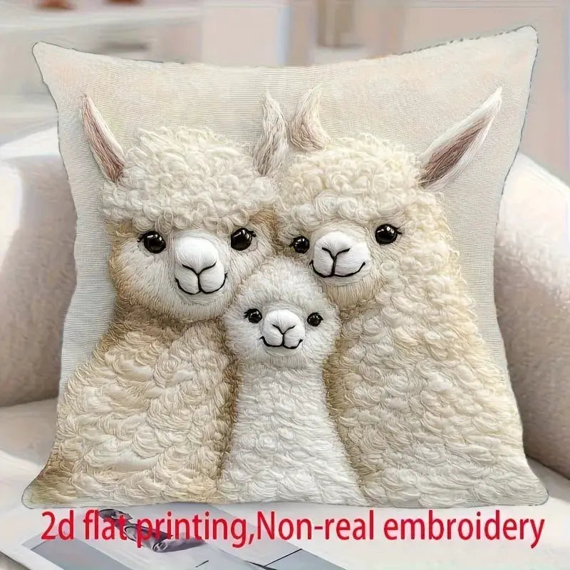 Alpaca family pillow cover by Simples Market; cream 2D flat-printed design for sofa or dorm decor