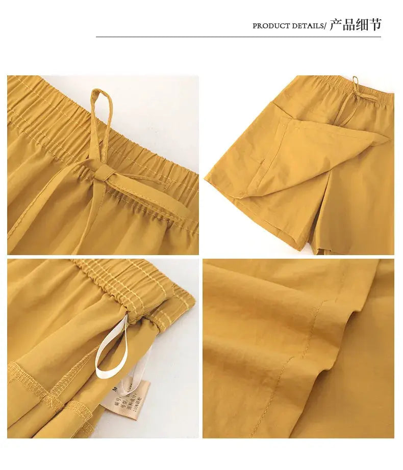Women's mustard yellow high-waist shorts-skirt set by Simples Market, lightweight A-line mini skirt with side slit