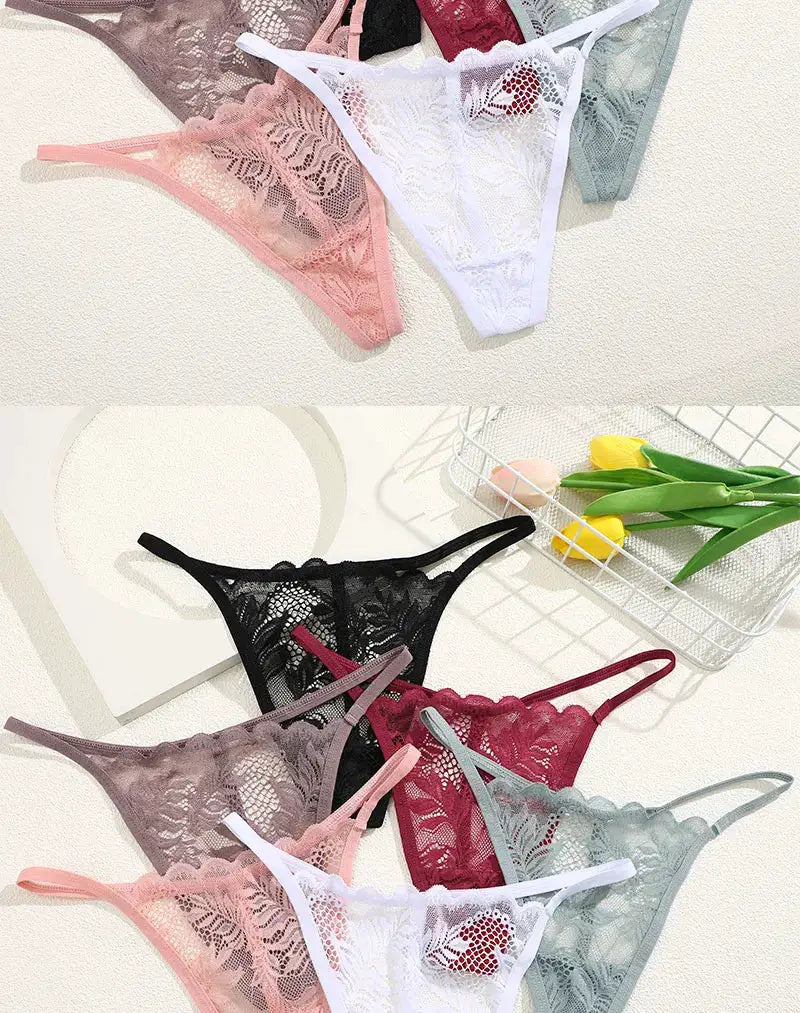 Lace thong set, six-piece for women by Simples Market, low-rise underwear in assorted colors
