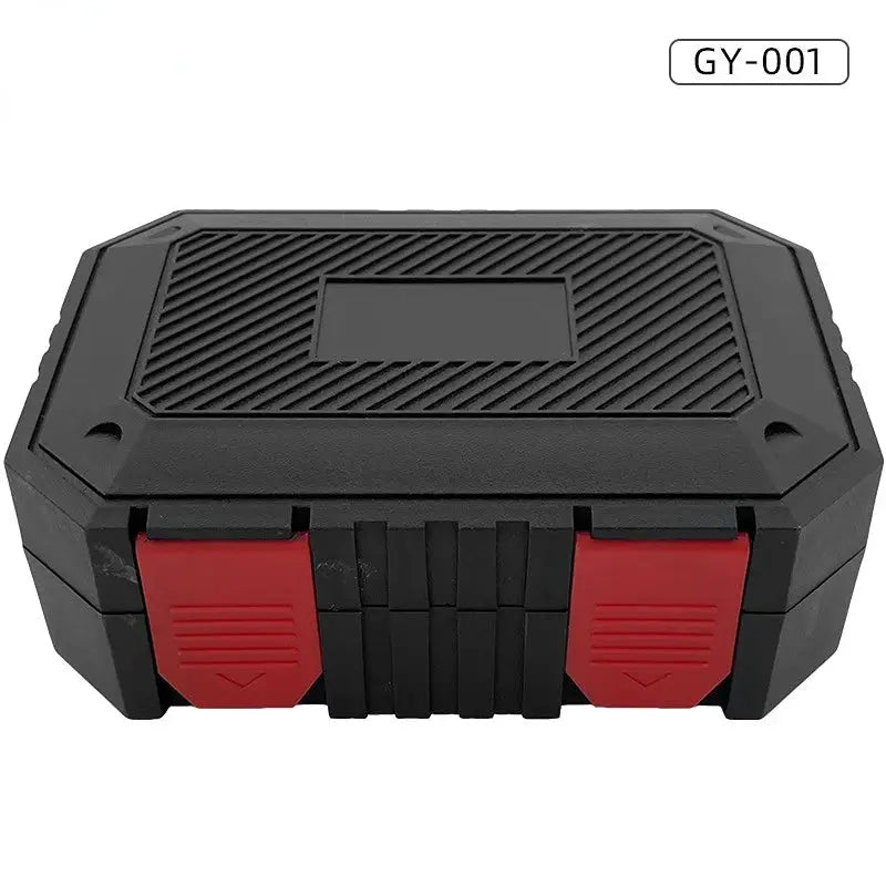 Plastic tool storage box by Simples Market with red latches, compact hardware organizer.