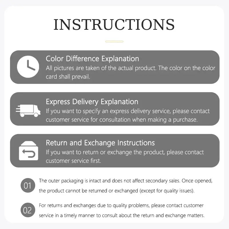 Simples Market sofa cushion cover instruction card detailing color difference, express delivery, and returns policies.