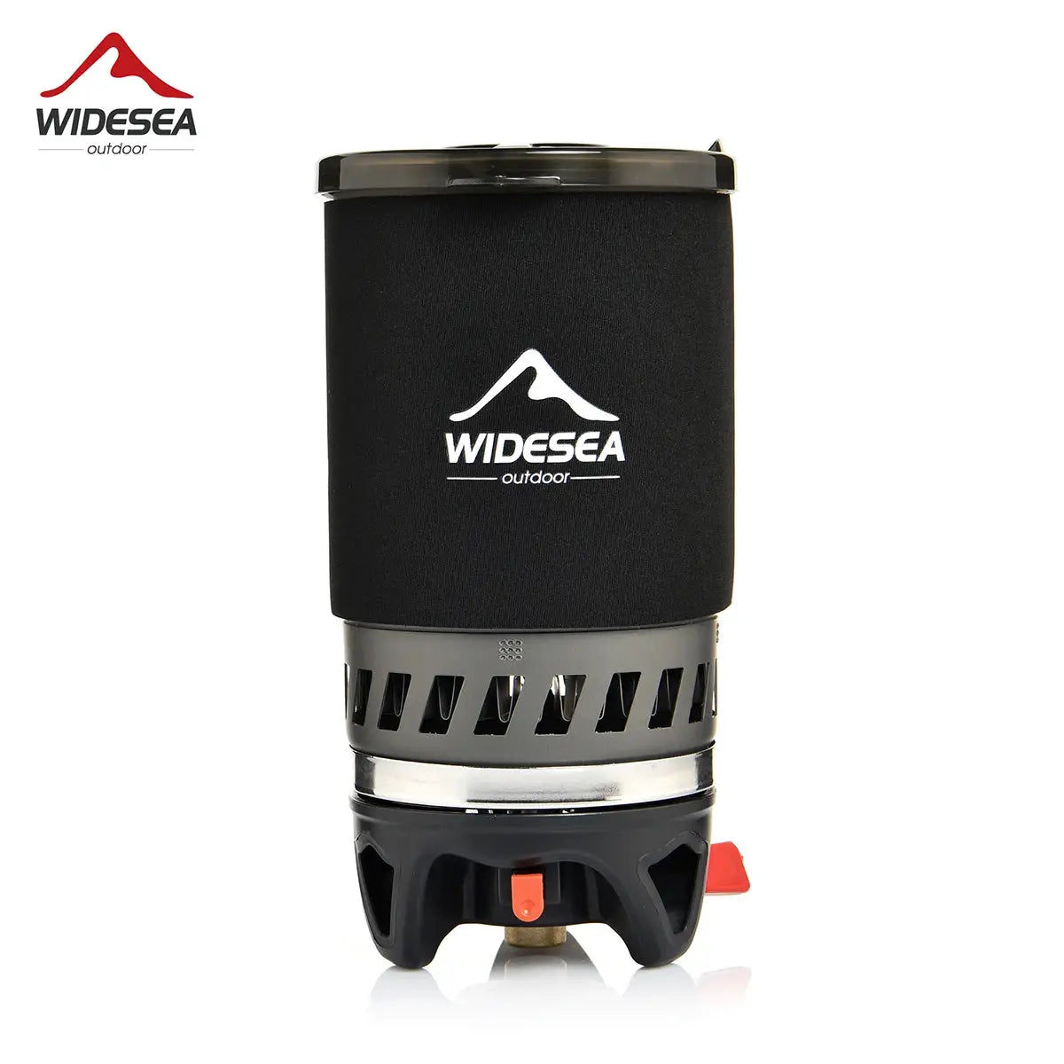 Widesea outdoor camping stove with heat exchanger; black protective sleeve, compact gas burner with red control knob