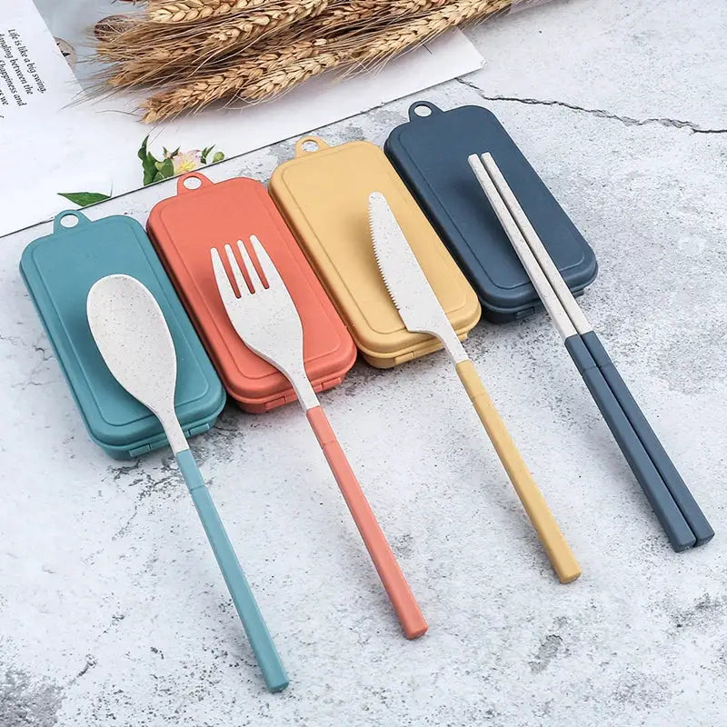 4Pcs Portable Tableware Set Wheat Straw Detachable Cutlery For Travel Picnic Camping Dinnerware Lightweight Durable