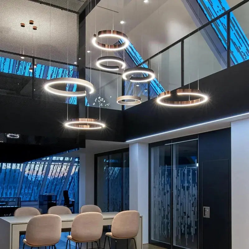Nordic ring LED pendant lamps, six-piece black and gold metal chandelier for living/dining.