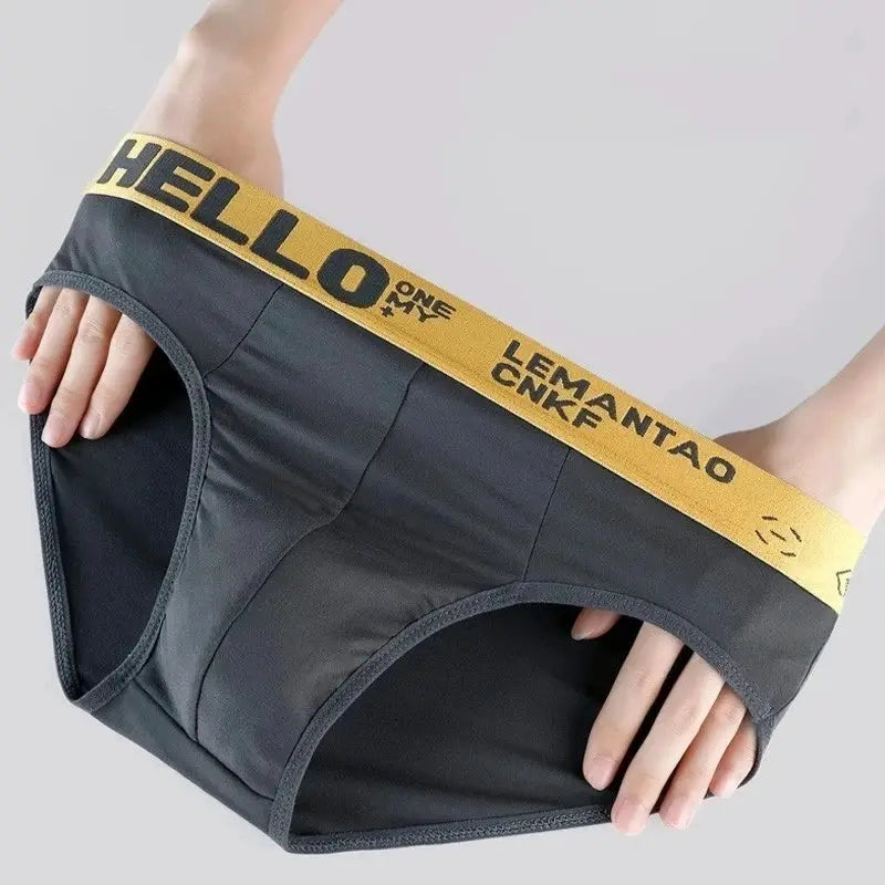 Men's gray briefs with yellow elastic waistband featuring bold HELLO lettering