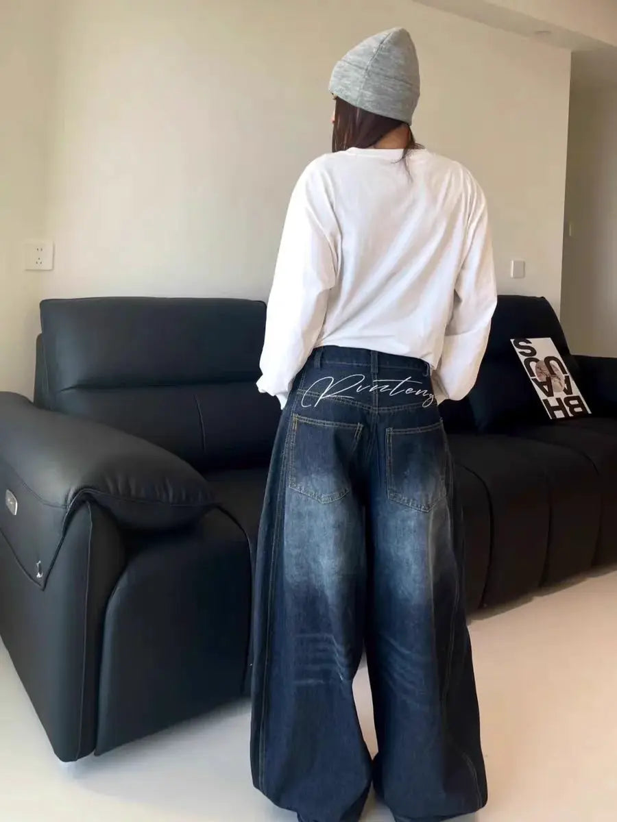 Y2K Baggy Cargo Jeans For Women Blue Washed Wide Leg Trousers