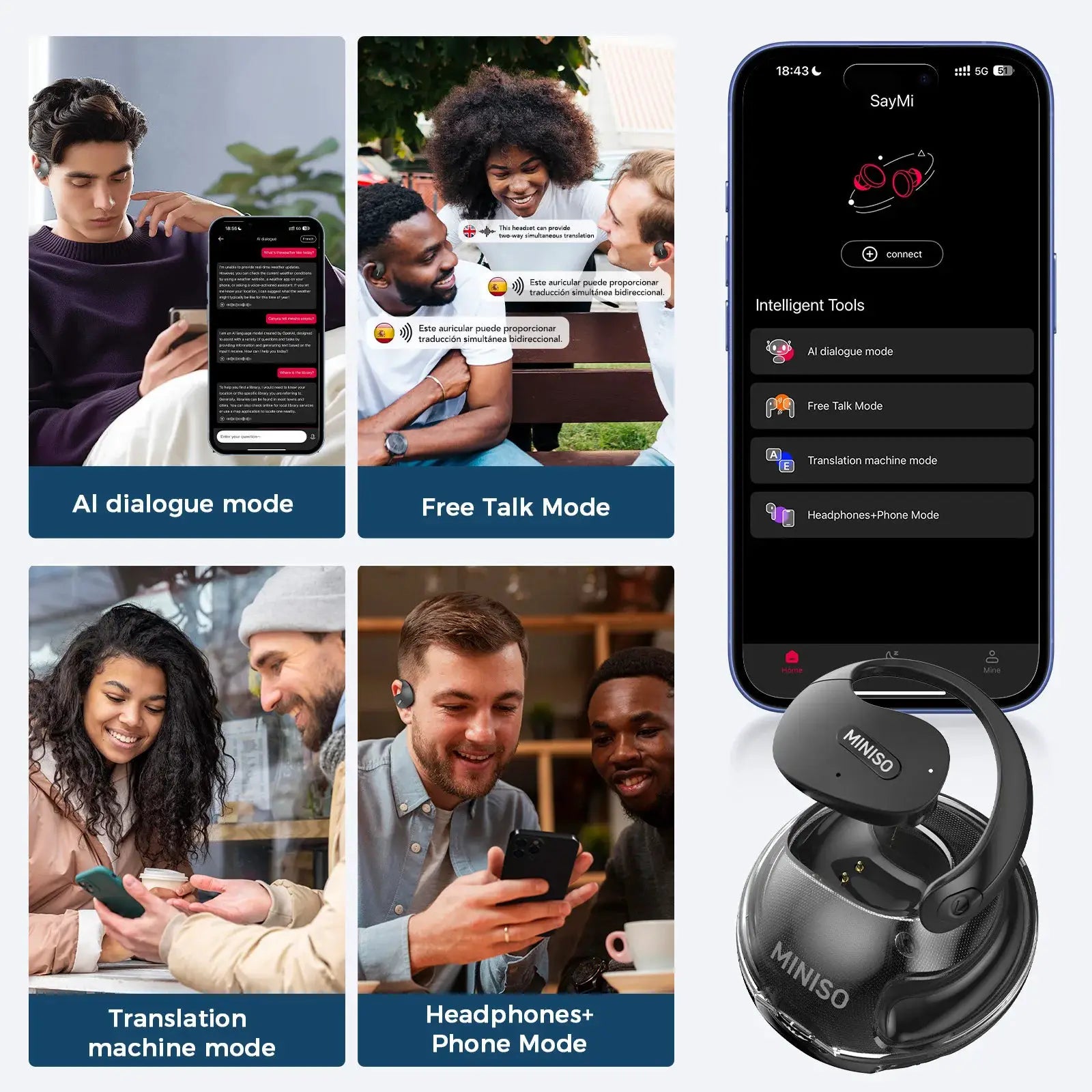 MINISO X15Pro 5.4 Bluetooth translator earphones; gray wireless headset with AI dialogue and Free Talk modes
