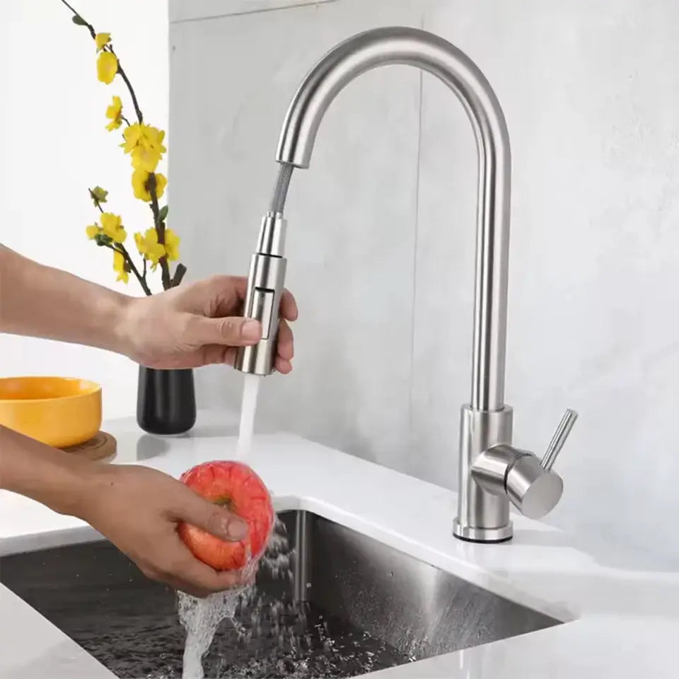Kitchen faucet with pull-out two-mode spray nozzle in stainless SUS 304, hot/cold deck-mount mixer by Simples Market