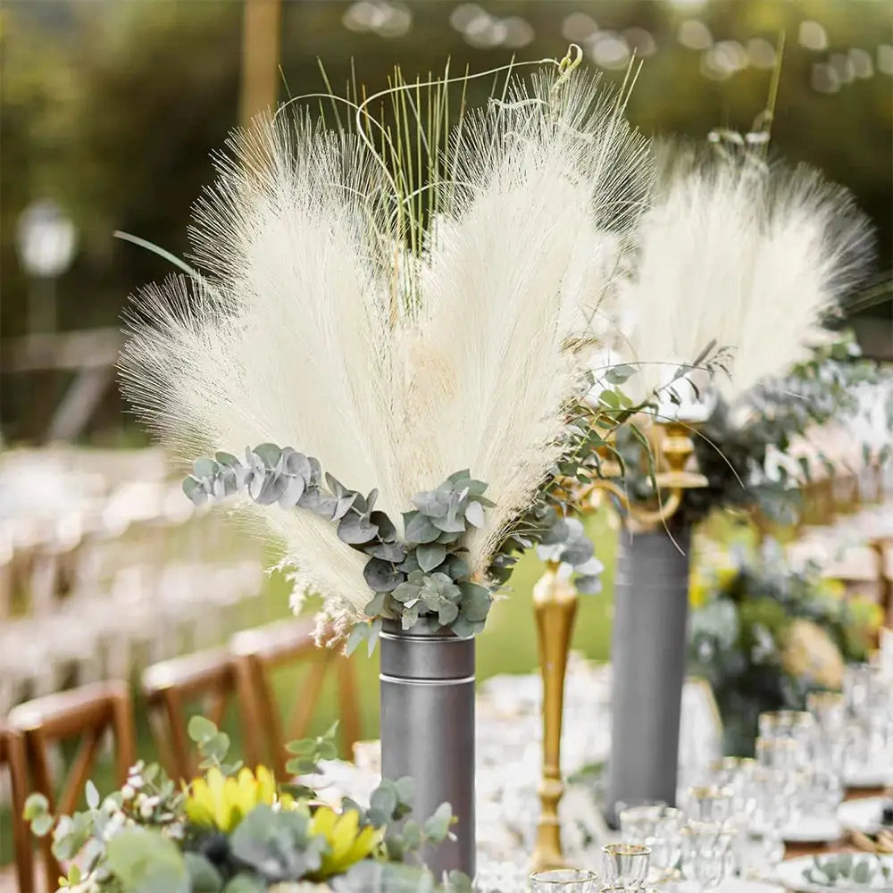 Two pampas grass centerpieces in grey vases with eucalyptus accents, boho wedding decor, 42CM