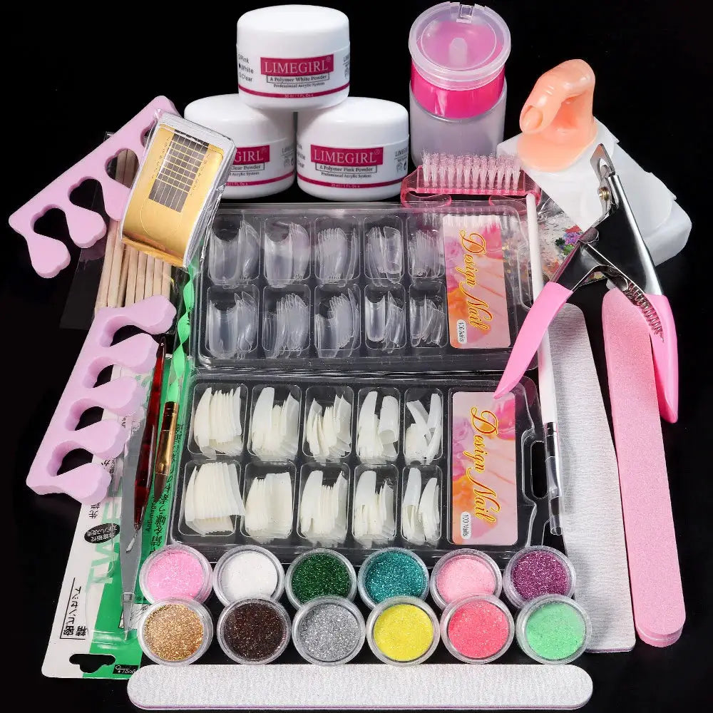 Nail art manicure kit with acrylic powder and liquid monomer, glitter powders, nail tips and tools - Simples Market
