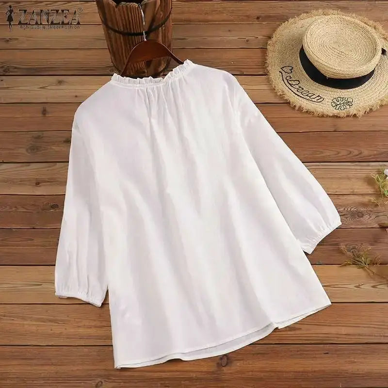 ZANZEA Summer Vintage Womens Blouse O Neck ThreeQuarter Sleeve Cotton