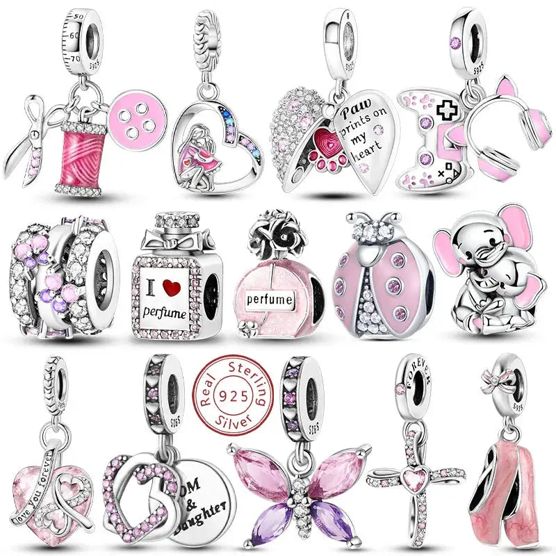Pink Charms 925 Sterling Silver Heart Bow Perfume Bottle Charms Beads Pendants Fit Bracelet DIY Jewelry Making Women
