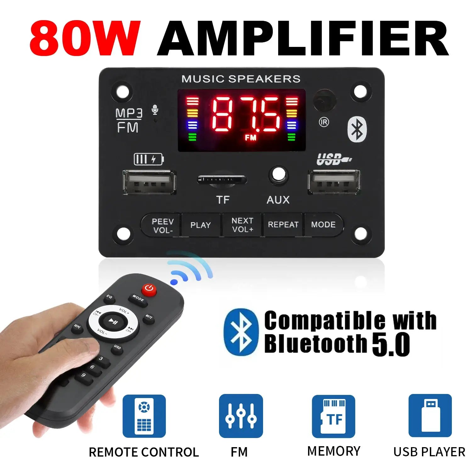 Bluetooth 5.0 MP3 Decoder Board 2x40W Amplifier 12V DIY Car Stereo Module FM Radio USB TF Card Mic