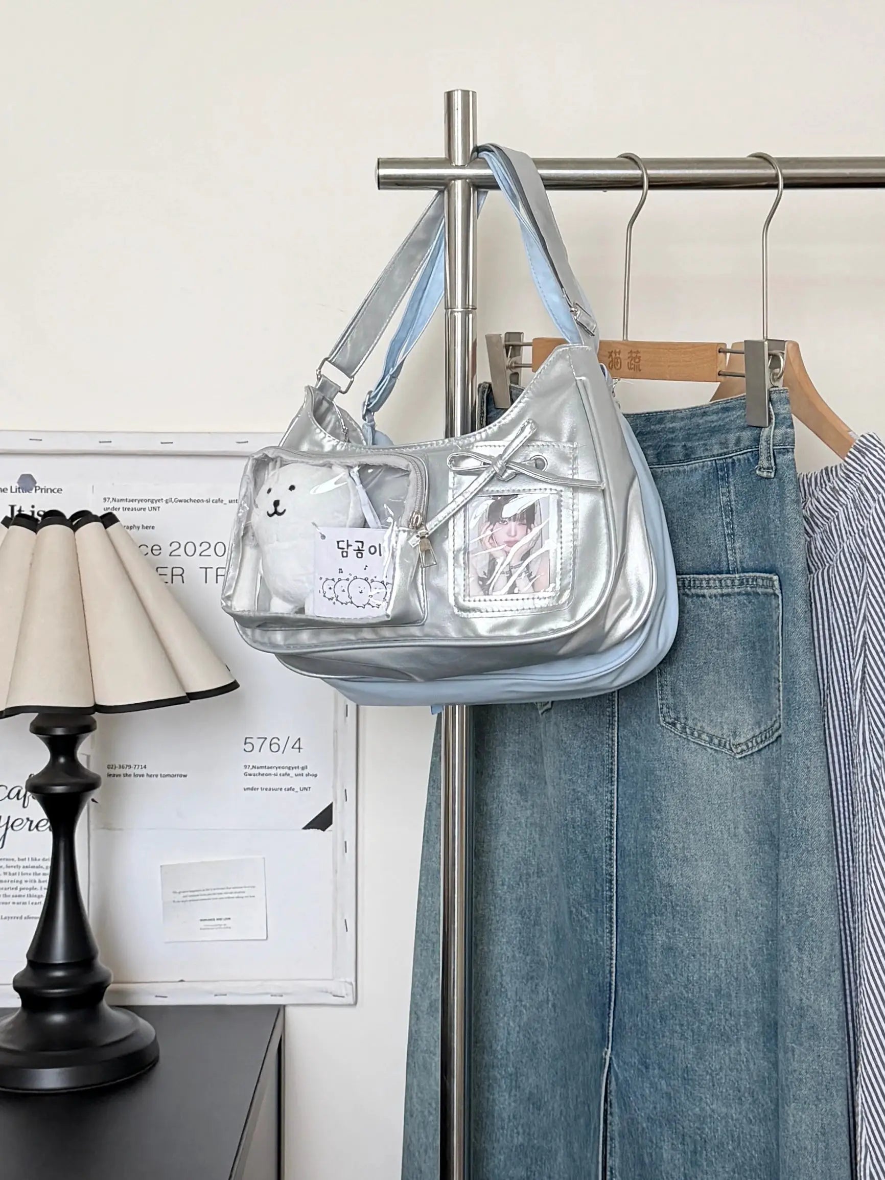 Y2k Harajuku transparent ita bag with silver metallic finish and light-blue strap, crossbody style