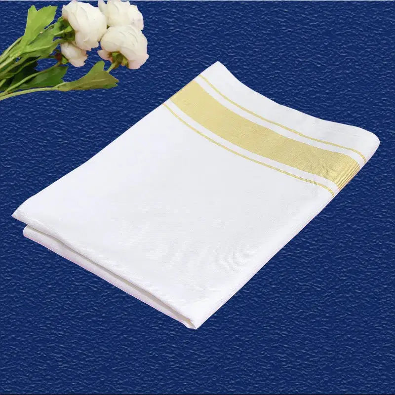 European kitchen towel placemat by Simples Market, thickened white cotton with gold stripe.