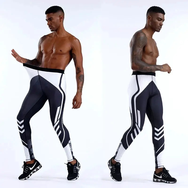 Men's compression pants by Simples Market in black and white geometric pattern, athletic leggings for training.