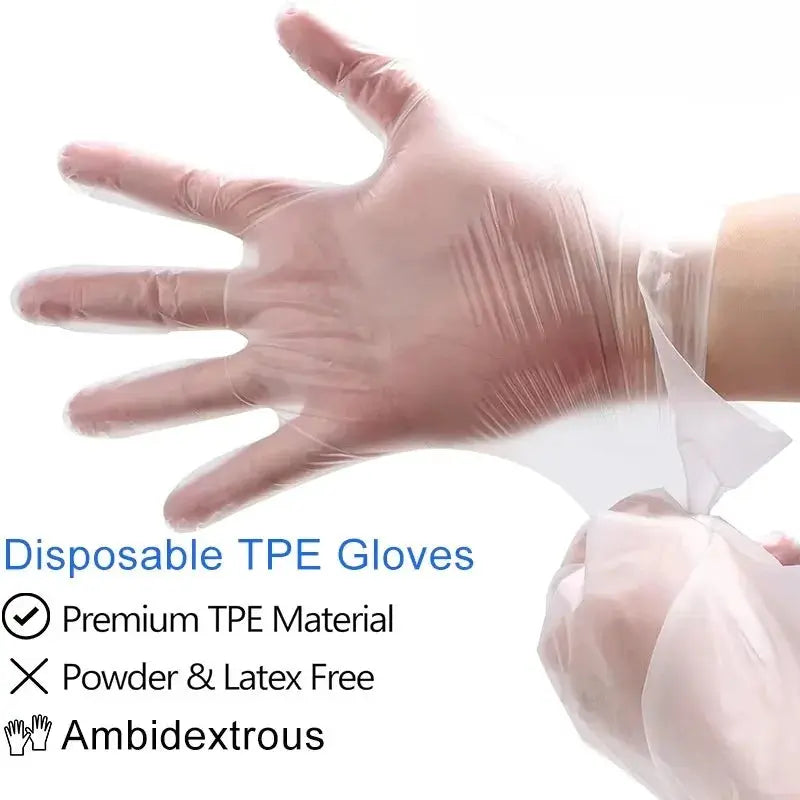 Disposable TPE gloves, ambidextrous, powder- and latex-free, transparent.