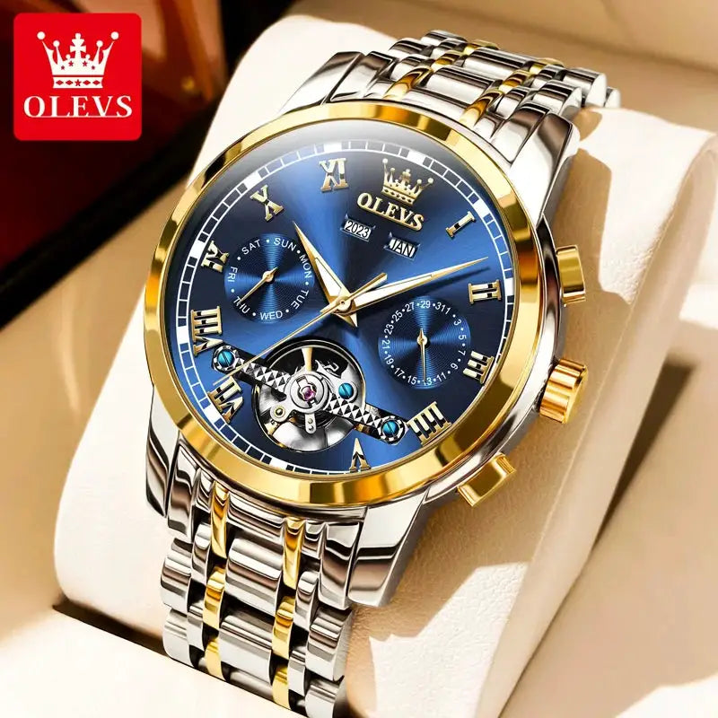 Skeleton automatic men's watch by OLEVS, two-tone stainless steel with blue dial and dual calendar