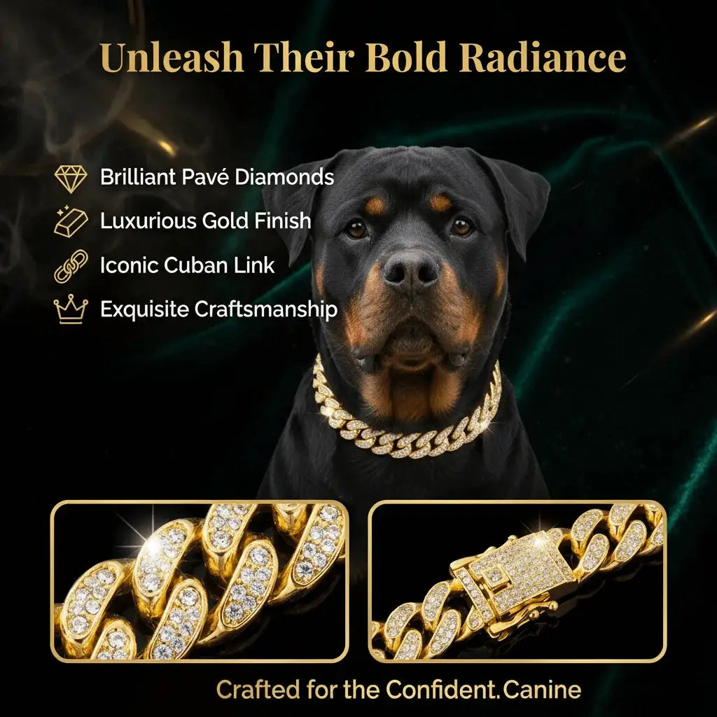 Luxury Hip Hop Dog Collar by Simples Market, gold-tone Cuban link with diamond inlays; two close-up shots shown.