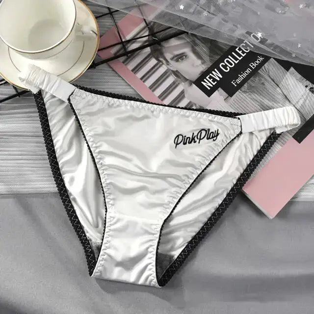 Girls satin panties with embroidery, white ice-silk briefs with black trim and elastic waistband, PinkPlay logo