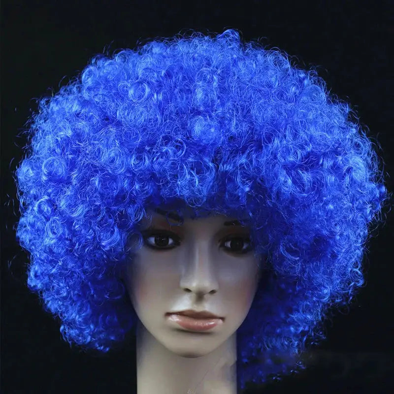 Simples Market blue curly cosplay wig for women, synthetic short wavy hair on mannequin head