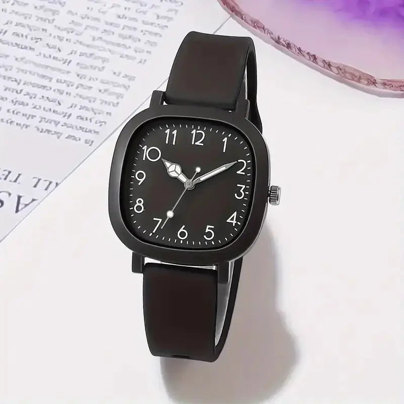 Wristwatch with black silicone band, rounded-square dial and Arabic numerals