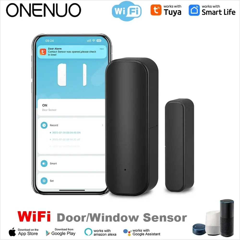 Door/window sensor kit with two black wireless sensors for smart home, WiFi/ZigBee, works with Alexa and Google Home
