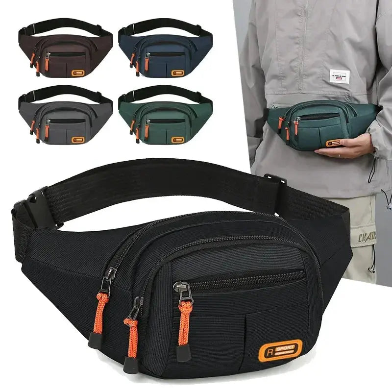 Simples Market Oxford waterproof waist bag for men and women; black multi-pocket fanny pack with orange zipper pulls
