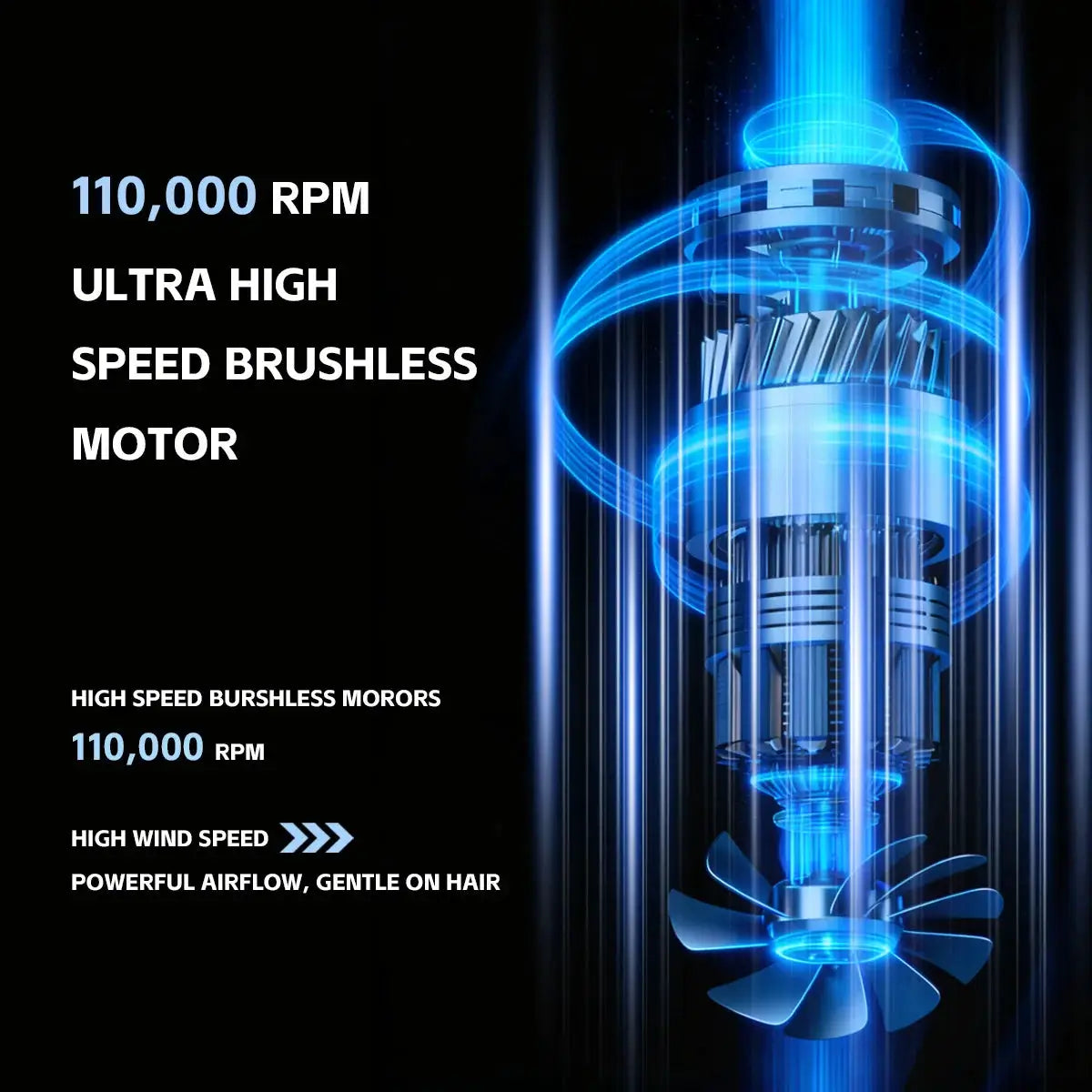 VGR hair dryer with brushless motor, blue neon motor graphic, 110,000 RPM