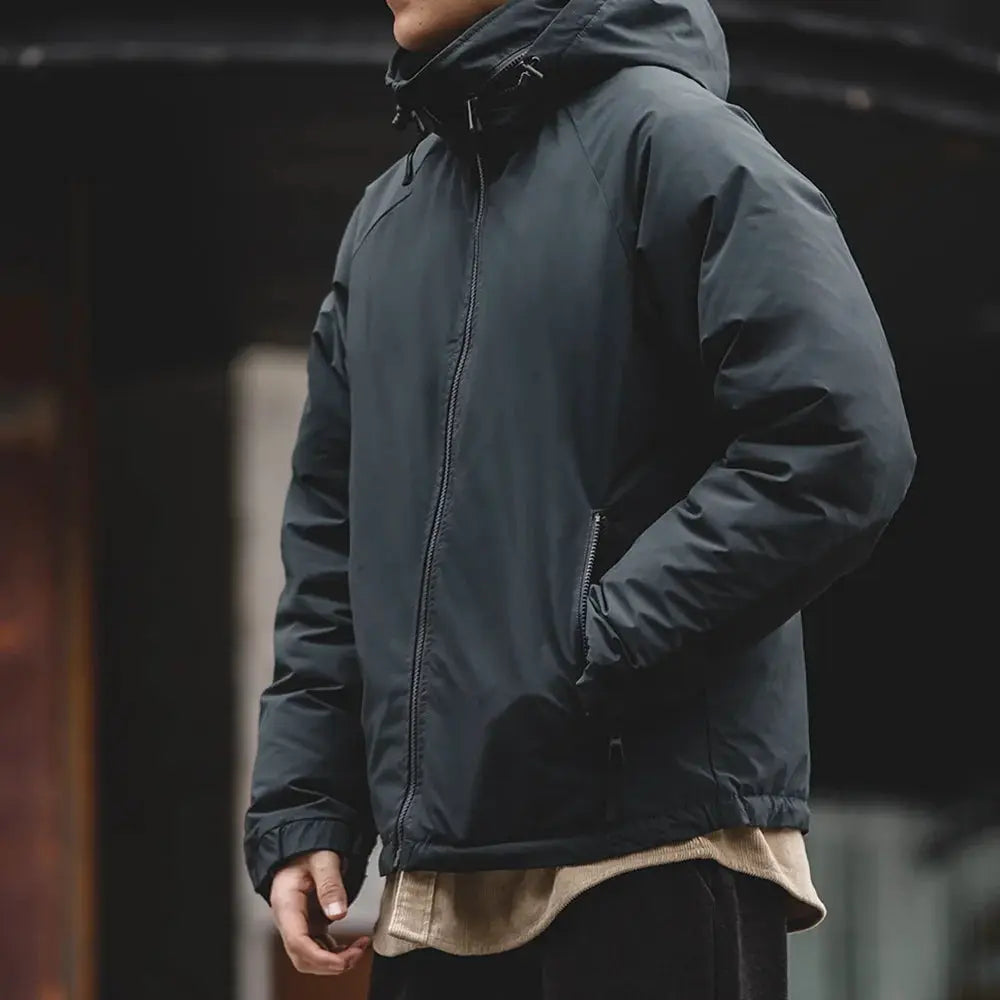 Maden hooded down jacket for men, black matte-glossy fabric parka by Simples Market