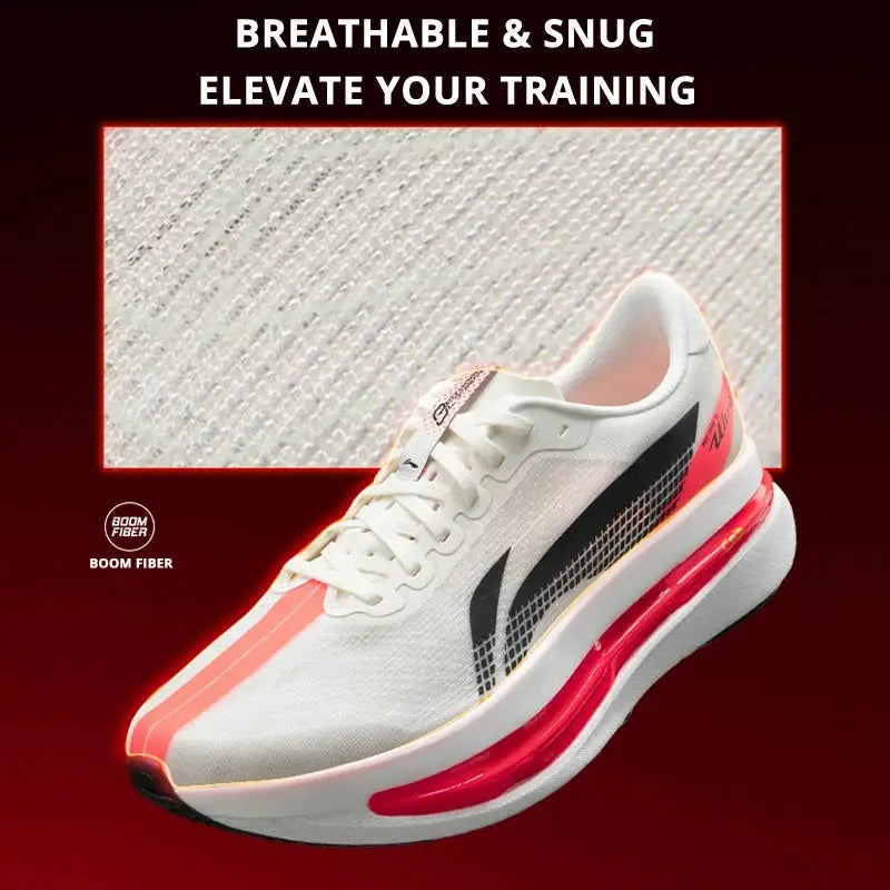 Li-Ning Red Hare 9 Ultra racing running shoe, white with red accents and red midsole, Boom Fiber breathable