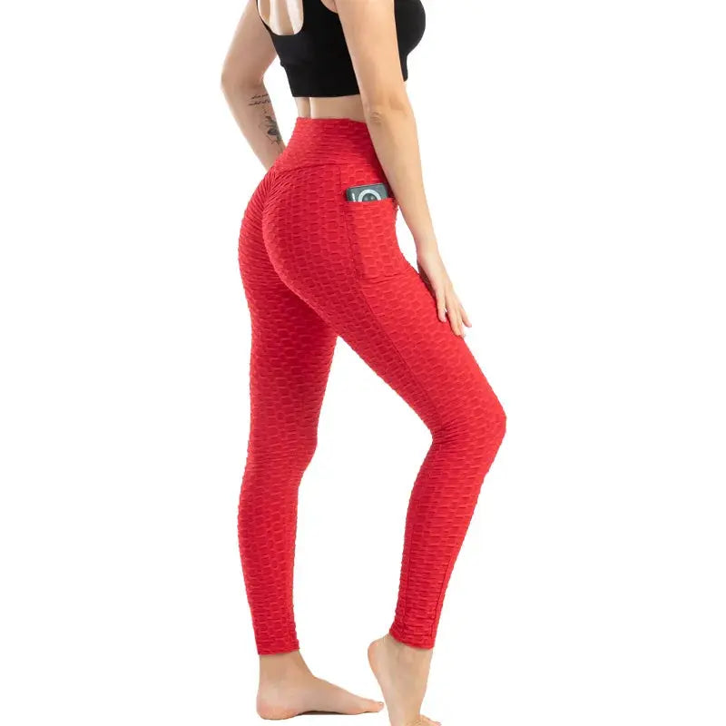 Women’s red textured pocket bubble leggings, high-waist stretchy slim-fit gym pants for running and fitness