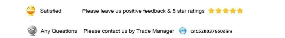 Customer feedback banner with Satisfied emoji, five-star rating, and Trade Manager contact details