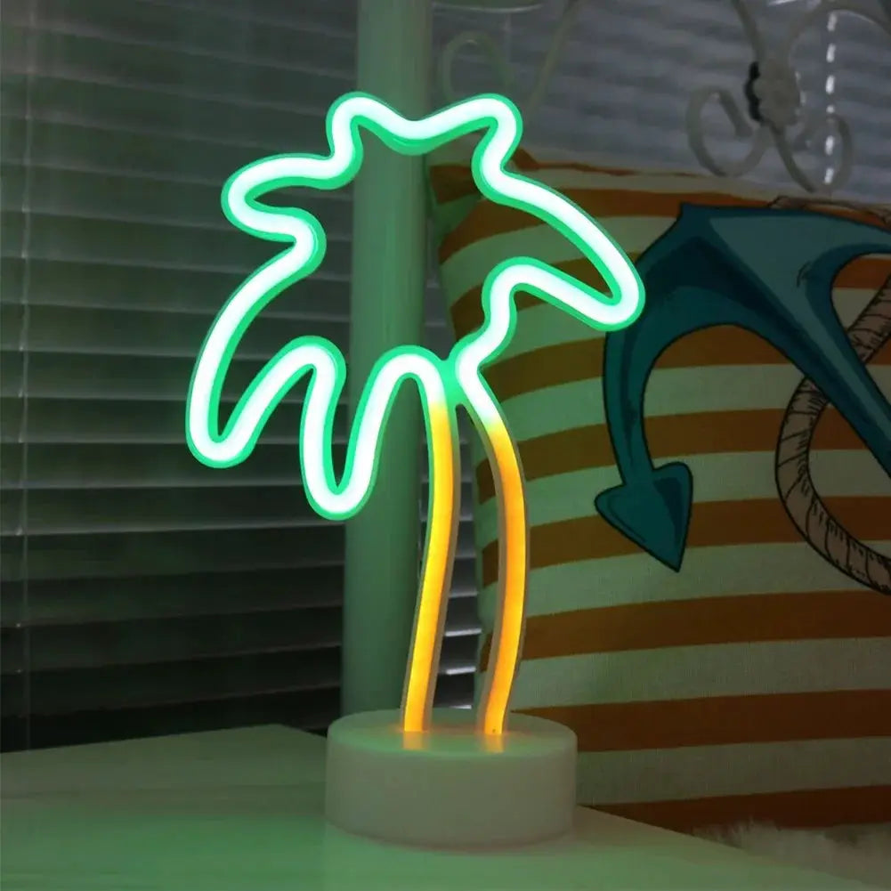 Neon palm tree LED sign USB lamp by Simples Market; green leaves, yellow trunk, white base