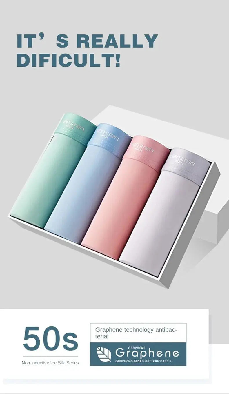 4-pack Simples Market men's ice-silk boxer shorts; breathable underwear in pastel mint/blue/pink/lavender.