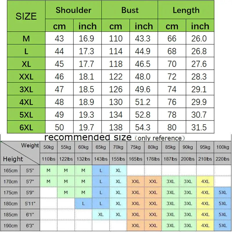 Simples Market men's vest size guide with weight-height chart (M–6XL)