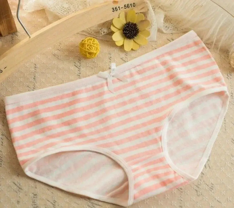 Kawaii Lolita striped panties with a white bow, pink and white underwear for women