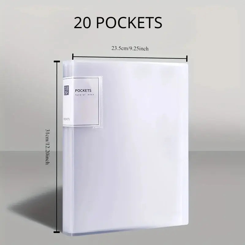 Data Book A4 transparent insert folder with 20 pockets, clear plastic multi-layer storage.
