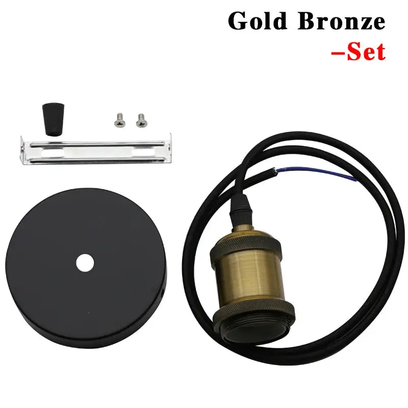 Gold bronze pendant light hardware set with black canopy, brass E27 socket, mounting bracket, screws and cable.