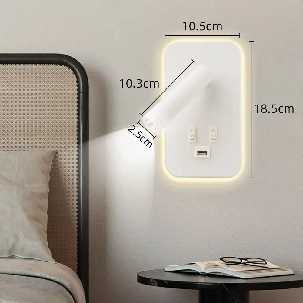 Chargeable USB port wall lamp with rotatable LED head on a white rectangular backplate